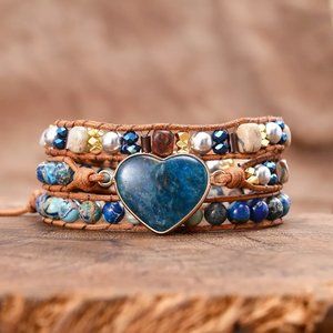 Natural Blue Apatite Boho Heart Charm Women Braided Wrap Healing Bracelet Gift